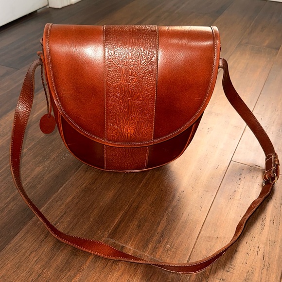 Past Times Handbags - Past Time Leather Large Vintage Crossbody Adjustable Shoulder Saddle Bag, Tooled